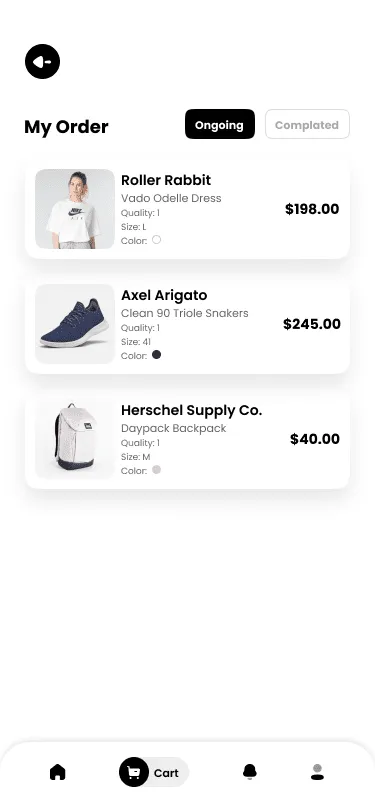 Shopify based Ecommerce app My orders screen
