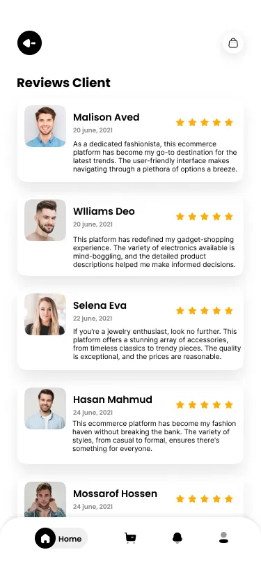 Shopify based Ecommerce app customer reviews screen