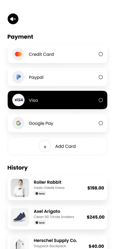 Shopify based Ecommerce app payment options screen