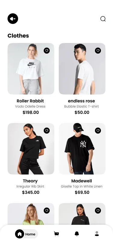 Shopify based Ecommerce app product list screen