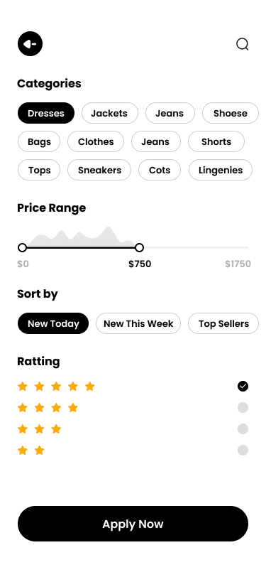 Shopify based ecommerce app search filters screen